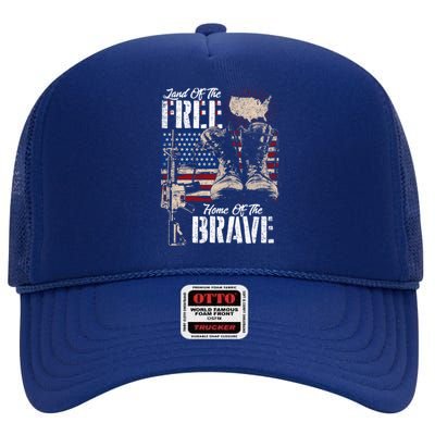 Vintage Land Of The Free Home Of The Brave U S Army Veteran Gift High Crown Mesh Back Trucker Hat