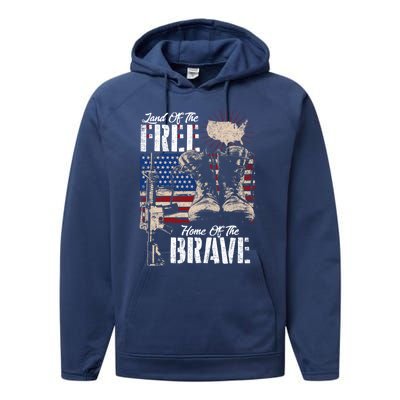 Vintage Land Of The Free Home Of The Brave U S Army Veteran Gift Performance Fleece Hoodie