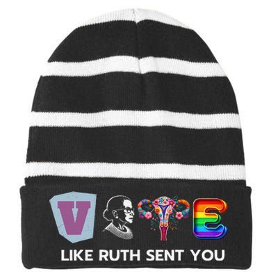 Vote Like Ruth Sent You Uterus Flowers Feminist Lgbt Pride Striped Beanie with Solid Band