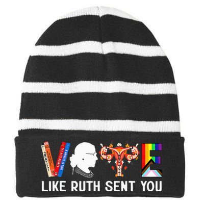 Vote Like Ruth Sent You Uterus Feminist Lgbt Striped Beanie with Solid Band