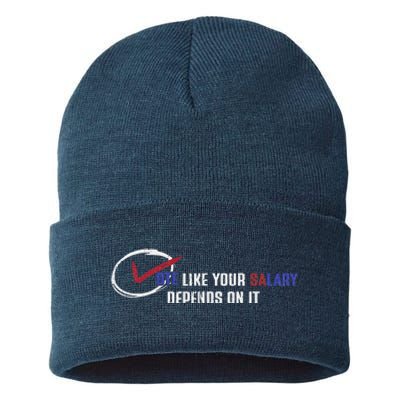 Vote Like Salary Depends On It Retro Funny Election 2024 Sustainable Knit Beanie