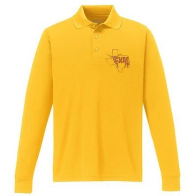 Vintage Longhorn Texas Trendy Austin Pride Retro Design Performance Long Sleeve Polo