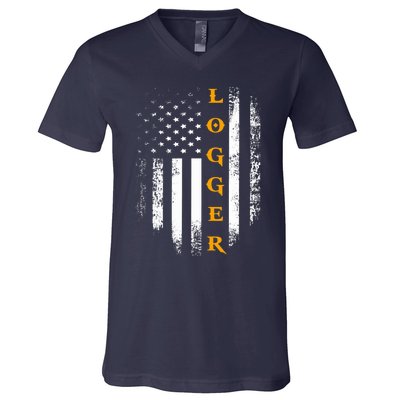 Vintage Logger With American Flag Logging/Carpenter Gift V-Neck T-Shirt