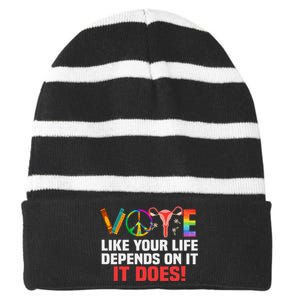 Vote Like Your Life Depends On It Feminist Gift Striped Beanie with Solid Band