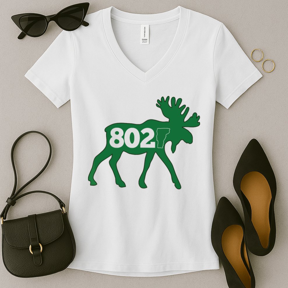 Vermont Moose 802 Vermont Green Mountain State Women's V-Neck T-Shirt