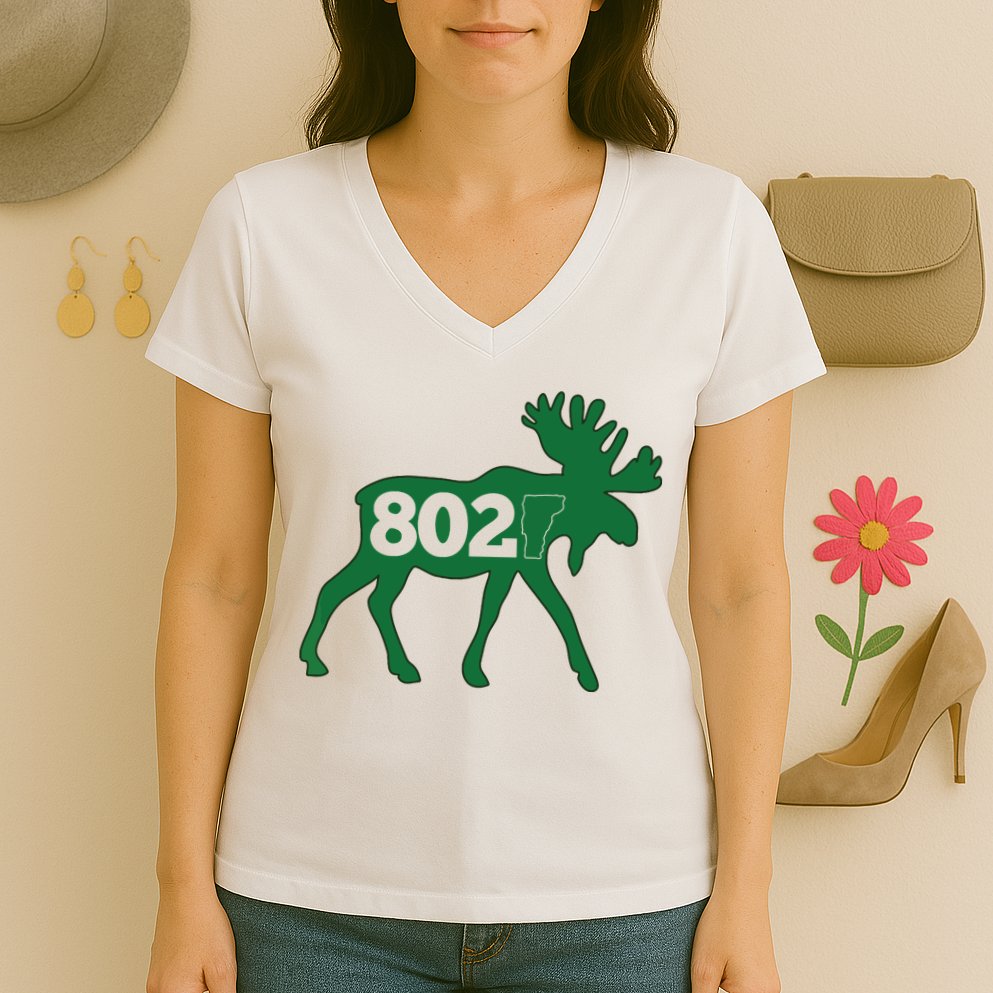 Vermont Moose 802 Vermont Green Mountain State Women's V-Neck T-Shirt