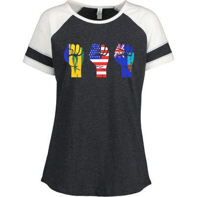 Vincy Montserrat American Flag Fist Design Enza Ladies Jersey Colorblock Tee