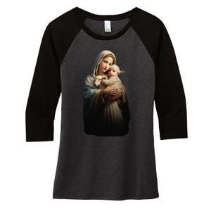 Virgin Mary And Baby Jesus With Lamb Religious Design Women's Tri-Blend 3/4-Sleeve Raglan Shirt