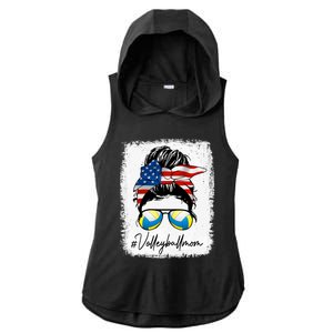 Volleyball Mom American Flag Messy Bun Volleyball Mom Gift Ladies PosiCharge Tri-Blend Wicking Draft Hoodie Tank