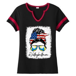 Volleyball Mom American Flag Messy Bun Volleyball Mom Gift Ladies Halftime Notch Neck Tee