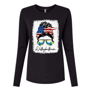 Volleyball Mom American Flag Messy Bun Volleyball Mom Gift Womens Cotton Relaxed Long Sleeve T-Shirt