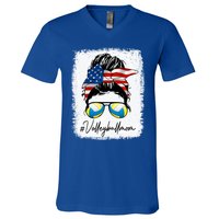 Volleyball Mom American Flag Messy Bun Volleyball Mom Gift V-Neck T-Shirt