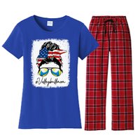 Volleyball Mom American Flag Messy Bun Volleyball Mom Gift Women's Flannel Pajama Set