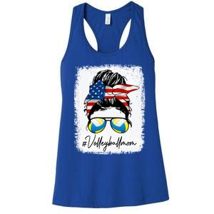 Volleyball Mom American Flag Messy Bun Volleyball Mom Gift Women's Racerback Tank