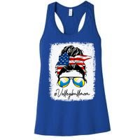 Volleyball Mom American Flag Messy Bun Volleyball Mom Gift Women's Racerback Tank