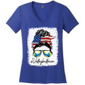 Volleyball Mom American Flag Messy Bun Volleyball Mom Gift Women's V-Neck T-Shirt