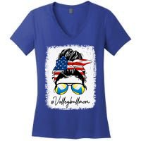 Volleyball Mom American Flag Messy Bun Volleyball Mom Gift Women's V-Neck T-Shirt