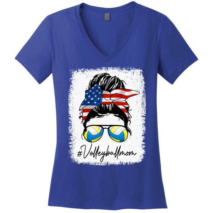 Volleyball Mom American Flag Messy Bun Volleyball Mom Gift Women's V-Neck T-Shirt