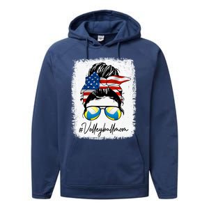 Volleyball Mom American Flag Messy Bun Volleyball Mom Gift Performance Fleece Hoodie