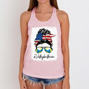 Volleyball Mom American Flag Messy Bun Volleyball Mom Gift Women's Knotted Racerback Tank