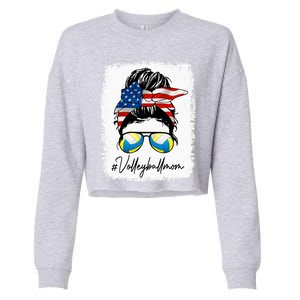 Volleyball Mom American Flag Messy Bun Volleyball Mom Gift Cropped Pullover Crew