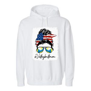 Volleyball Mom American Flag Messy Bun Volleyball Mom Gift Garment-Dyed Fleece Hoodie