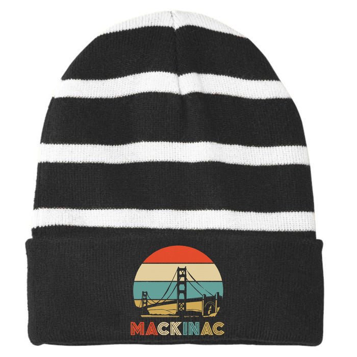 Vintage Mackinac Bridge Island Mackinaw City Retro Michigan Striped Beanie with Solid Band