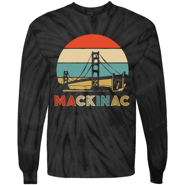 Vintage Mackinac Bridge Island Mackinaw City Retro Michigan Tie-Dye Long Sleeve Shirt