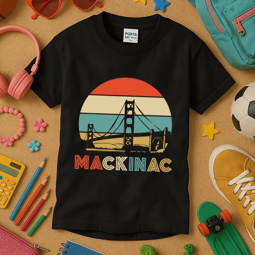 Vintage Mackinac Bridge Island Mackinaw City Retro Michigan Kids T-Shirt