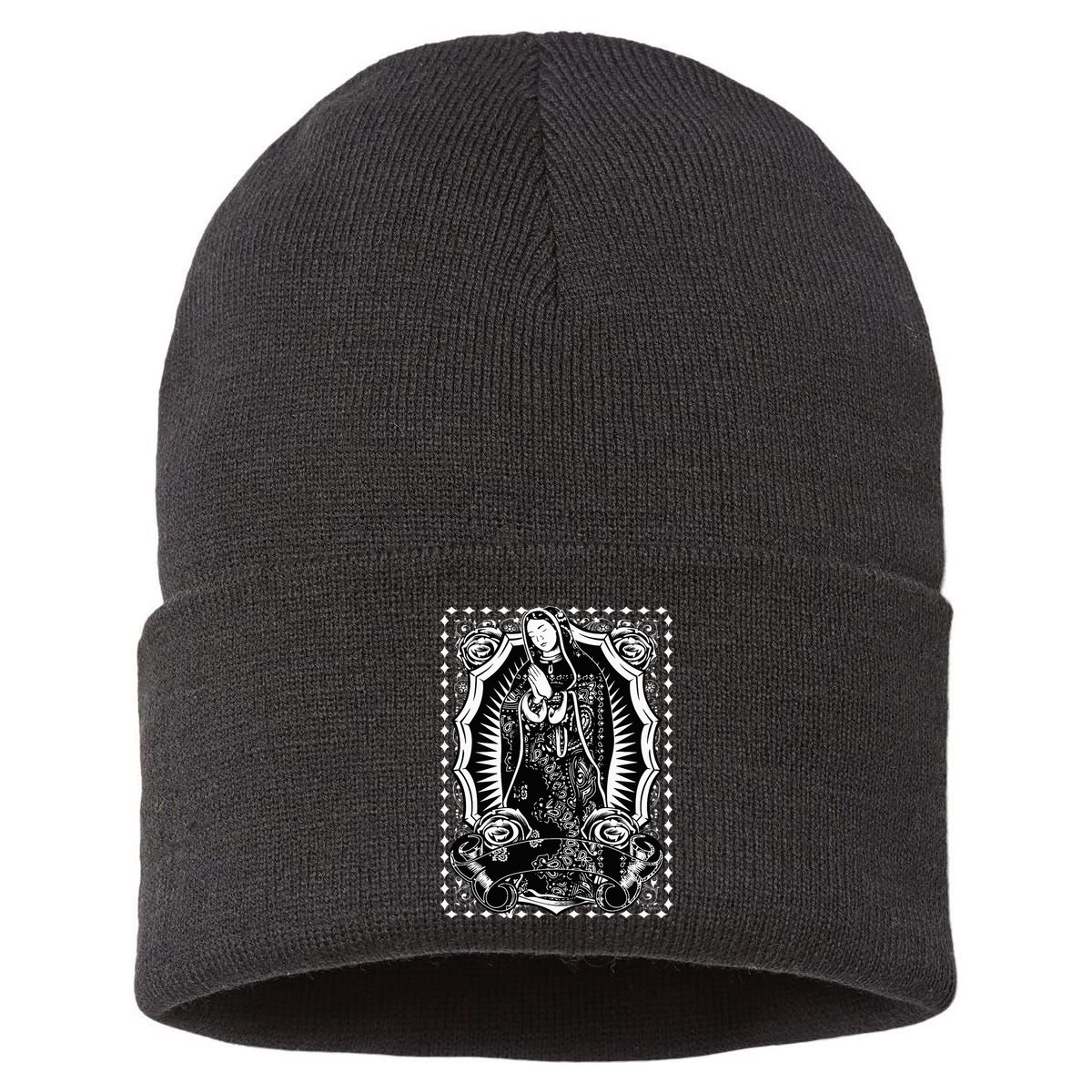 Virgin Mary Black White Bandana Print Chicano Art Cholo Sustainable Knit Beanie