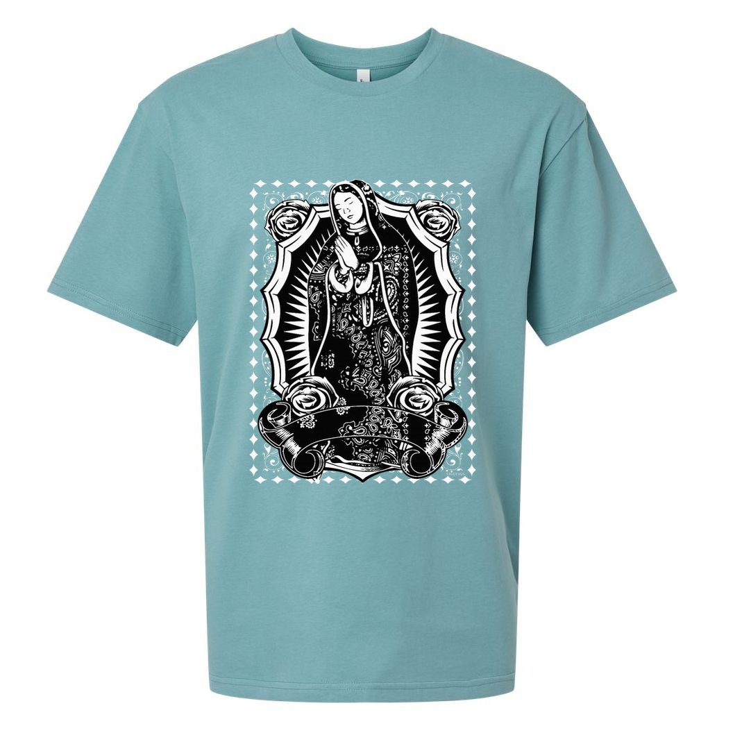 Virgin Mary Black White Bandana Print Chicano Art Cholo Sueded Cloud Jersey T-Shirt