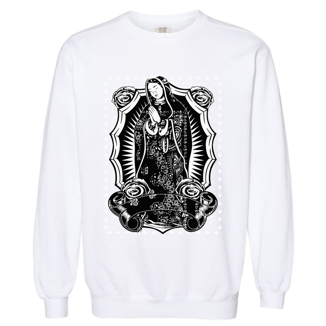 Virgin Mary Black White Bandana Print Chicano Art Cholo Garment-Dyed Sweatshirt