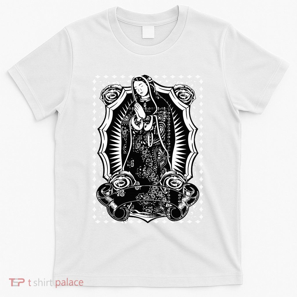 Virgin Mary Black White Bandana Print Chicano Art Cholo T-Shirt