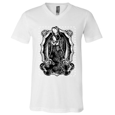 Virgin Mary Black White Bandana Print Chicano Art Cholo V-Neck T-Shirt