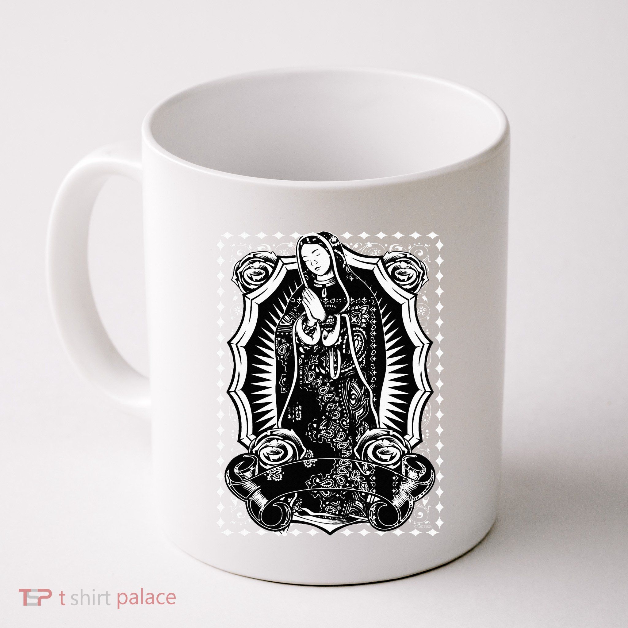 Virgin Mary Black White Bandana Print Chicano Art Cholo Mug