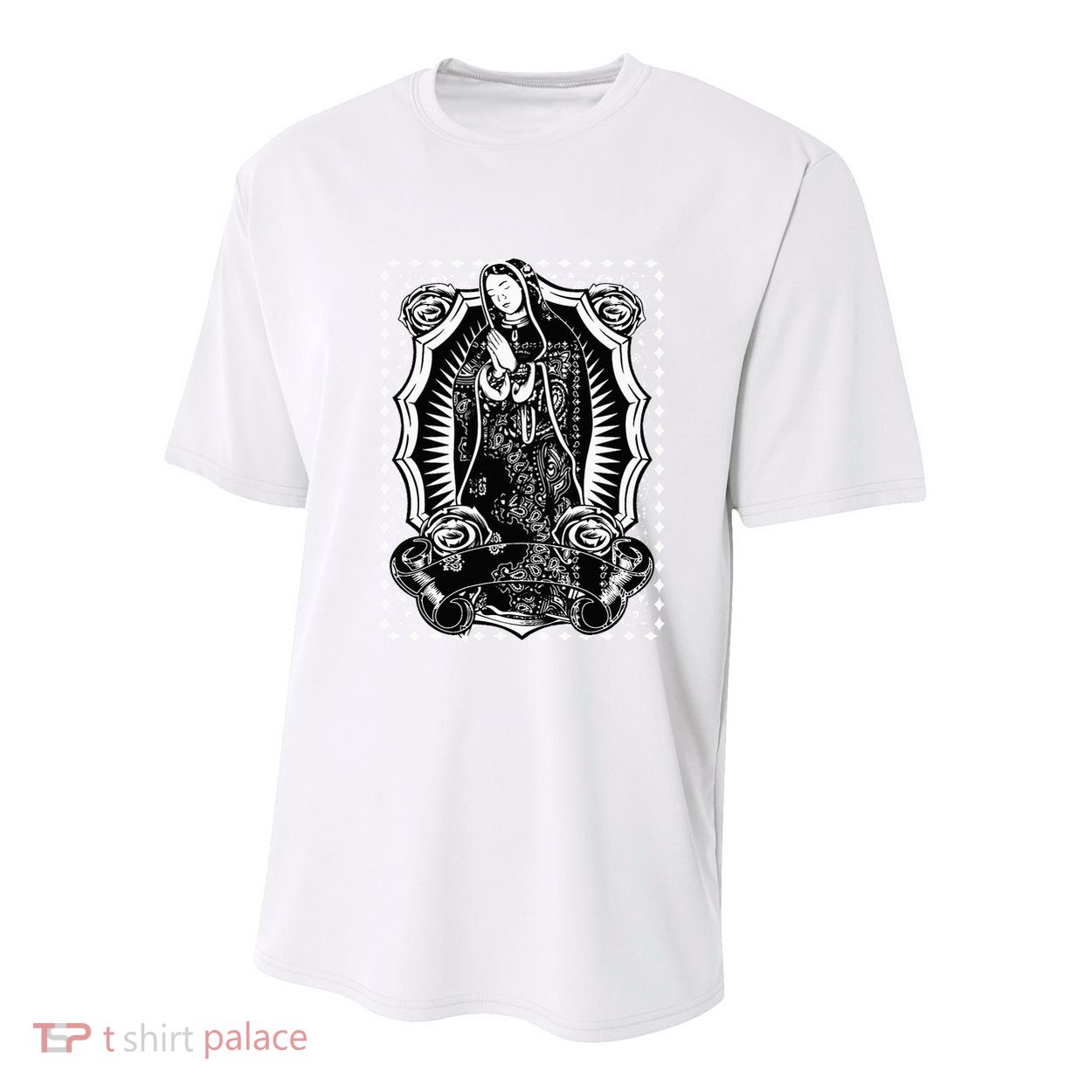 Virgin Mary Black White Bandana Print Chicano Art Cholo Youth Performance Sprint T-Shirt