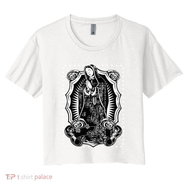 Virgin Mary Black White Bandana Print Chicano Art Cholo Crop Top