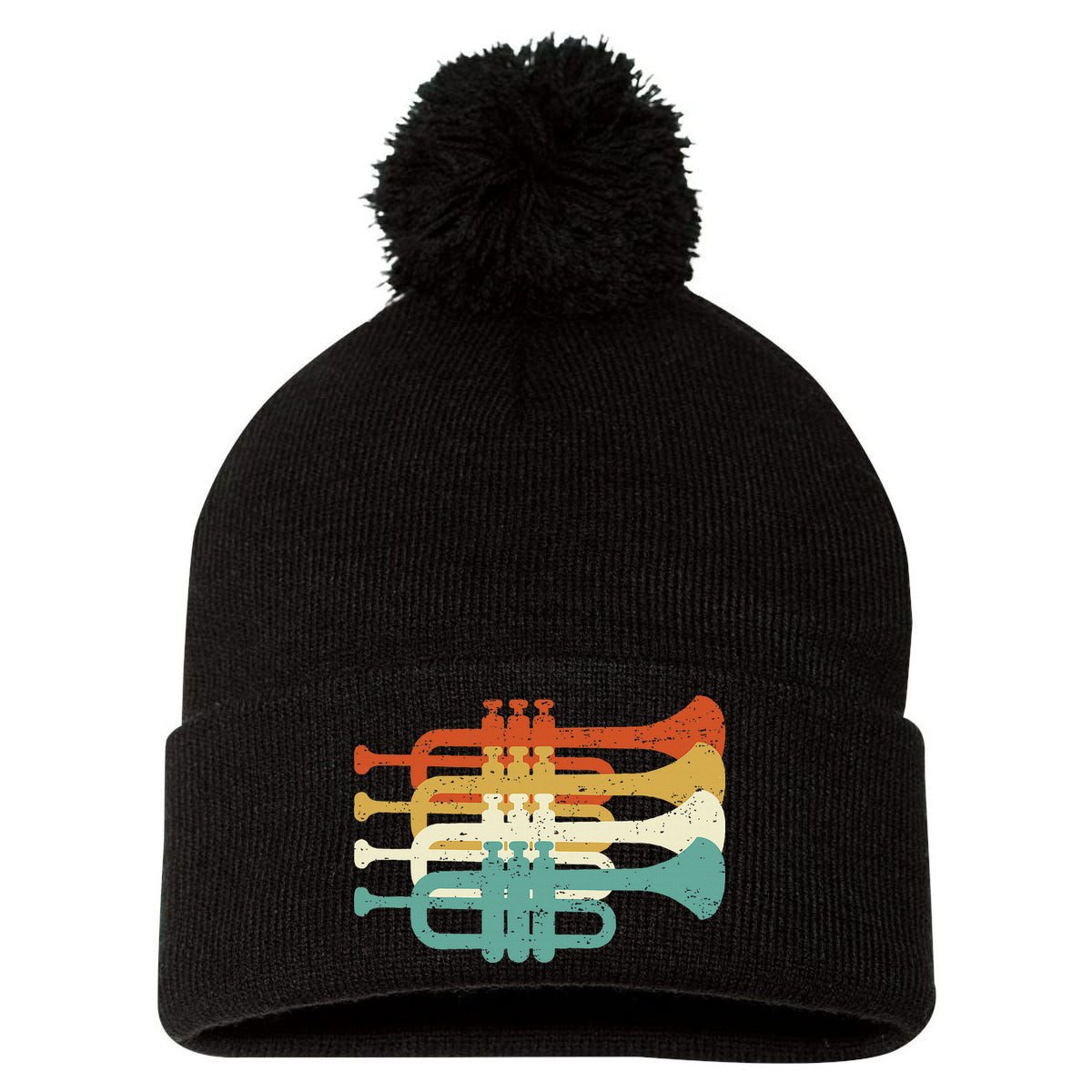 Vintage Marching Band Trumpet Player Retro Design Trumpeter Pom Pom 12in Knit Beanie
