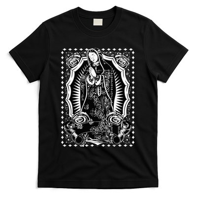 Virgin Mary Black White Bandana Print Chicano Art Cholo T-Shirt