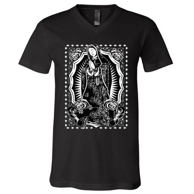 Virgin Mary Black White Bandana Print Chicano Art Cholo V-Neck T-Shirt