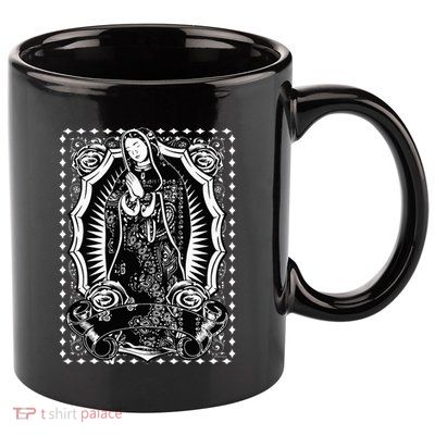 Virgin Mary Black White Bandana Print Chicano Art Cholo 11oz C Handle Ceramic Mug