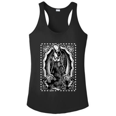 Virgin Mary Black White Bandana Print Chicano Art Cholo Ladies PosiCharge Competitor Racerback Tank