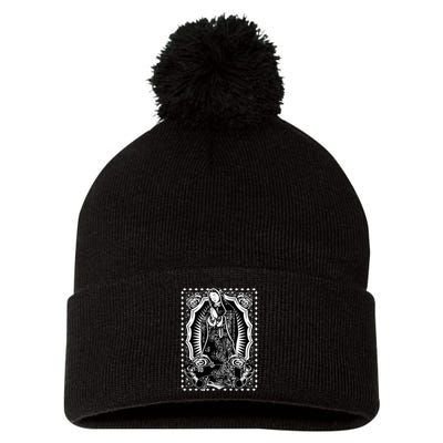 Virgin Mary Black White Bandana Print Chicano Art Cholo Pom Pom 12in Knit Beanie