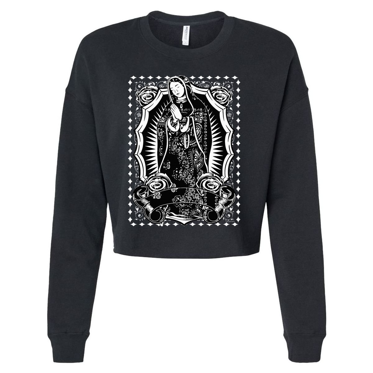 Virgin Mary Black White Bandana Print Chicano Art Cholo Cropped Pullover Crew