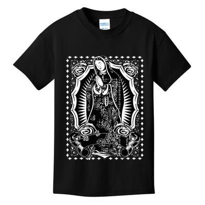 Virgin Mary Black White Bandana Print Chicano Art Cholo Kids T-Shirt