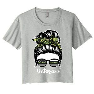 Veteran Messy Bun Hair Funny Veteran Gift Women's Crop Top Tee