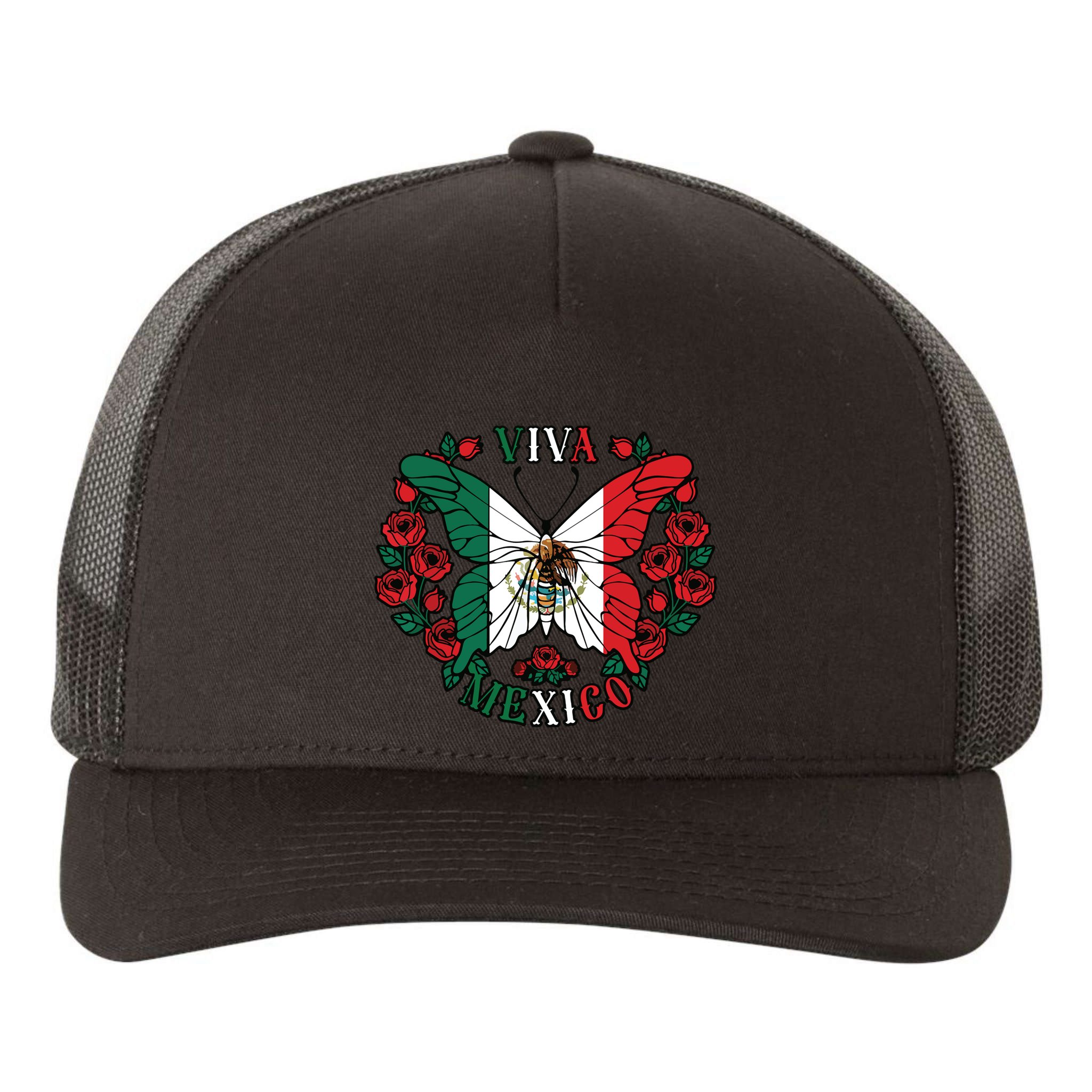 Viva Mexico Butterfly Rose Mexican Independence Yupoong Adult 5-Panel Trucker Hat