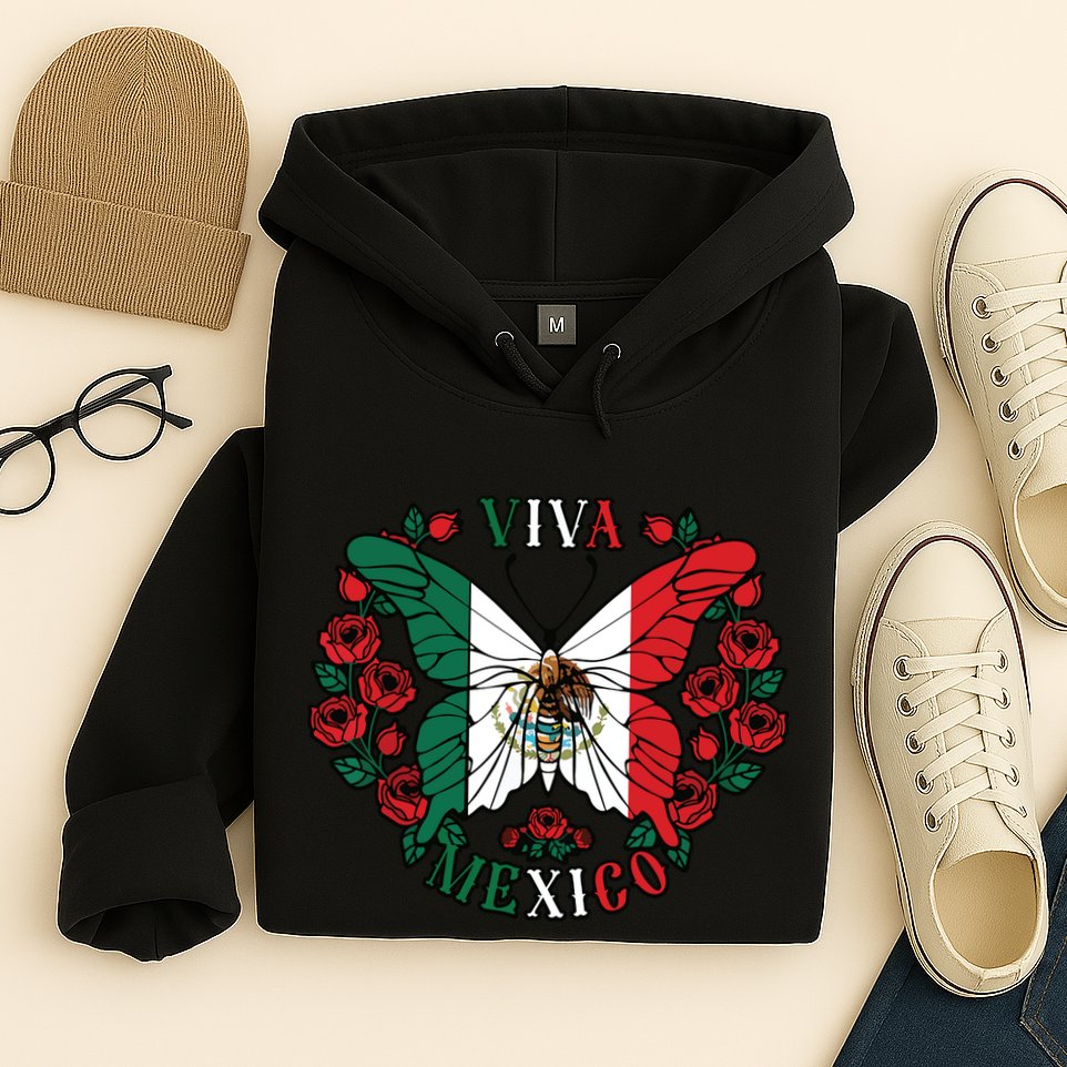 Viva Mexico Butterfly Rose Mexican Independence Hoodie