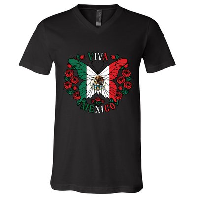 Viva Mexico Butterfly Rose Mexican Independence V-Neck T-Shirt