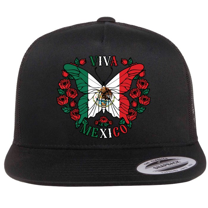 Viva Mexico Butterfly Rose Mexican Independence Flat Bill Trucker Hat